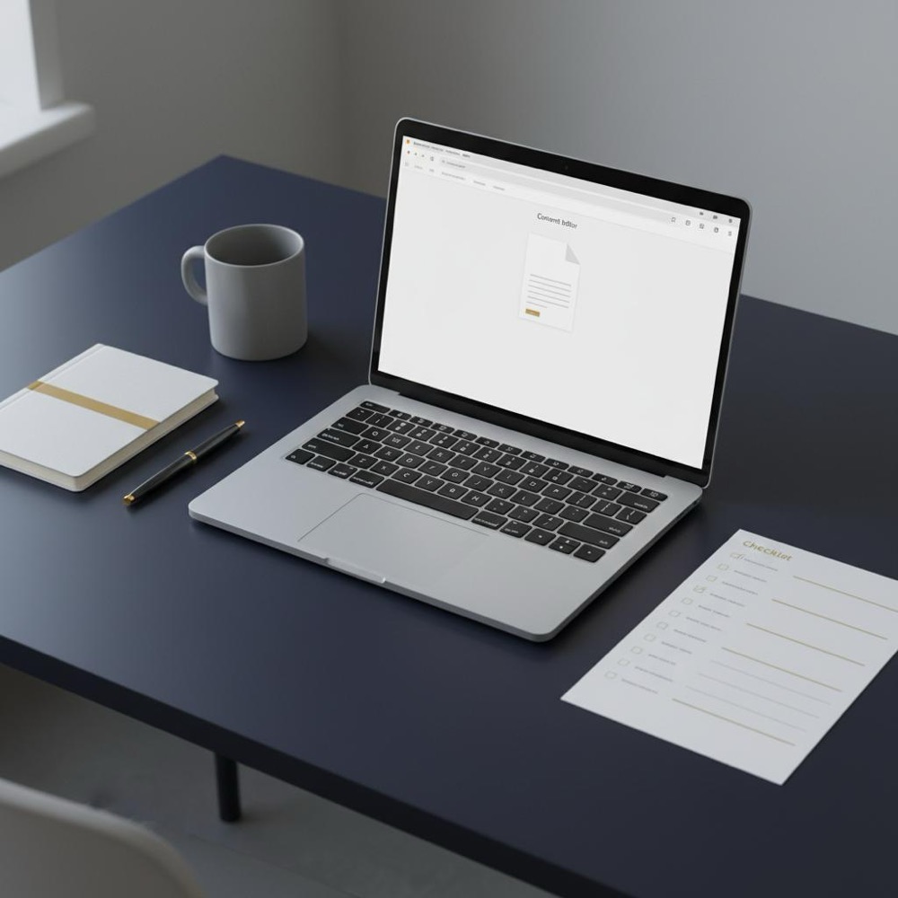 Minimal workspace with laptop showing a clean content editor, printed checklist and coffee cup on a dark navy desk with a subtle #C8A45D notebook accent - SEO in content writing