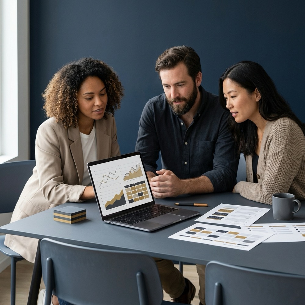 Small marketing team reviewing analytics on a laptop and printed content plan documents on dark navy background seo organic
