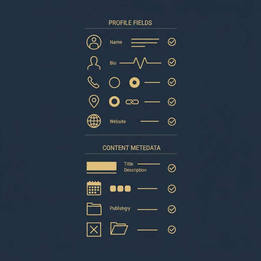 Minimal 2D vector infographic checklist of profile fields and content metadata for seo and social media on dark blue Orvus Ltd palette