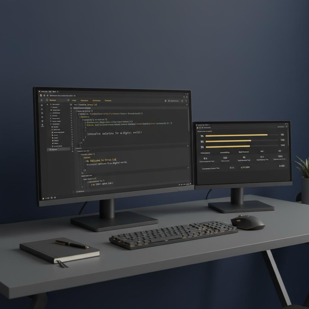 Minimal developer workstation with HTML template in code editor and a Lighthouse report on a secondary screen, emphasizing technical seo for developers.