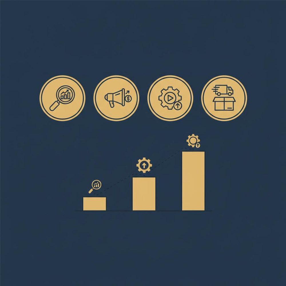 Minimal 2D vector infographic in Orvus palette with icons for SEO, ads, automation and fulfillment plus a three-bar scaling chart (validate, optimize, automate) illustrating how to make a living on Etsy