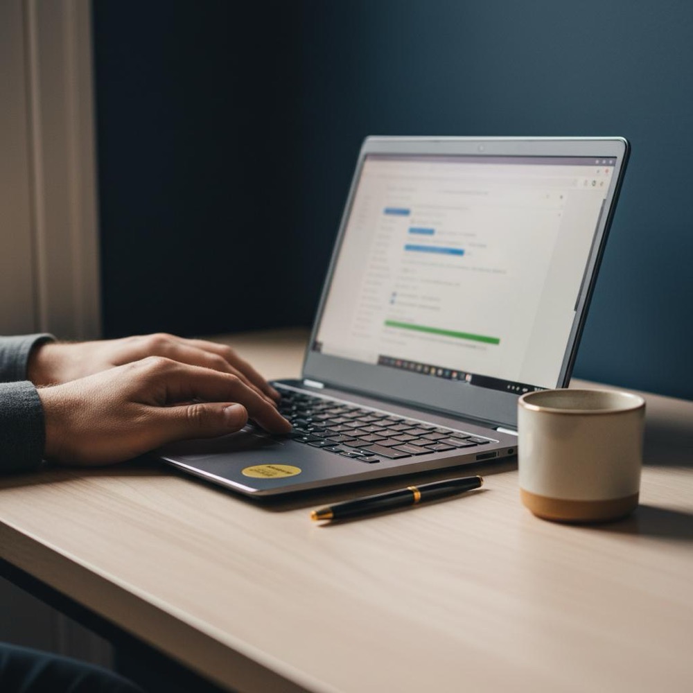 Person typing on a laptop showing a blurred SERP on-screen in a minimalist neutral workspace with subtle #C8A45D brand accents and natural light - organic search concept.