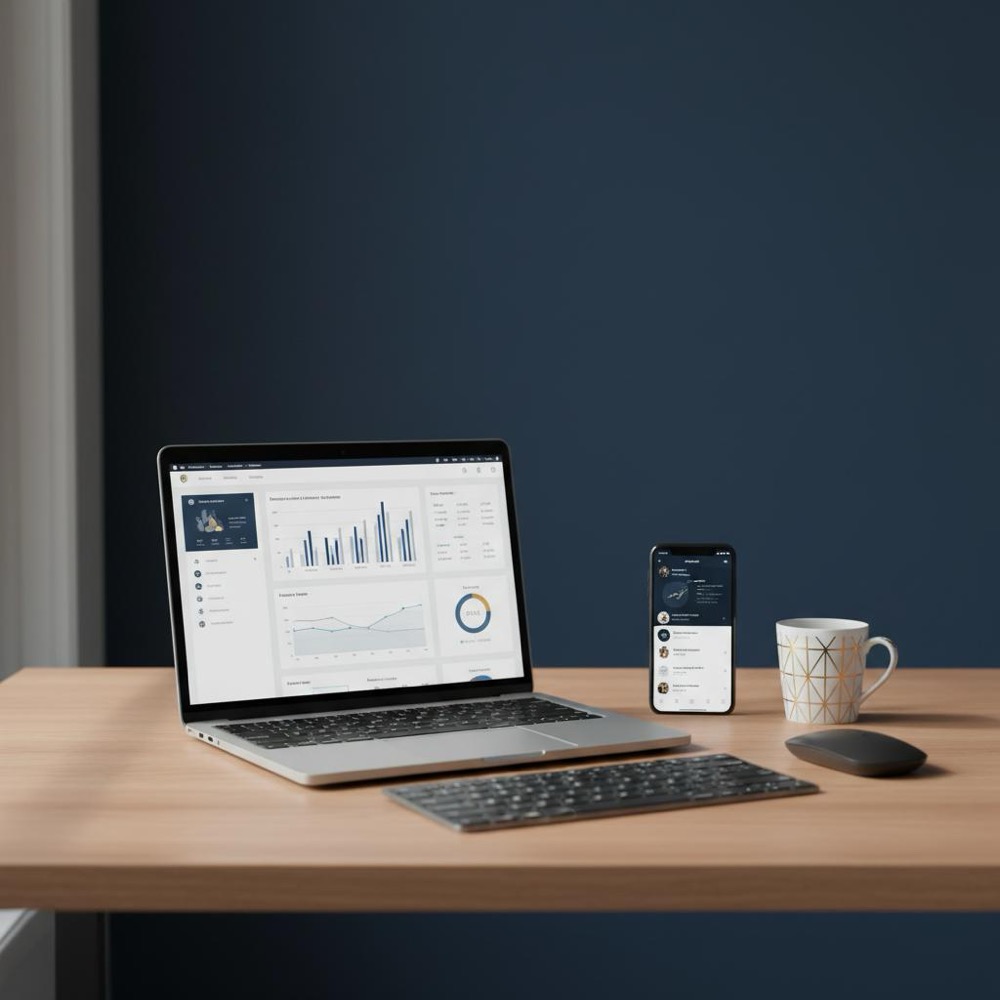 Minimalist desk with laptop showing analytics dashboard and phone displaying a social feed, clean #0B1E33 background and subtle #C8A45D accents - types of digital marketing