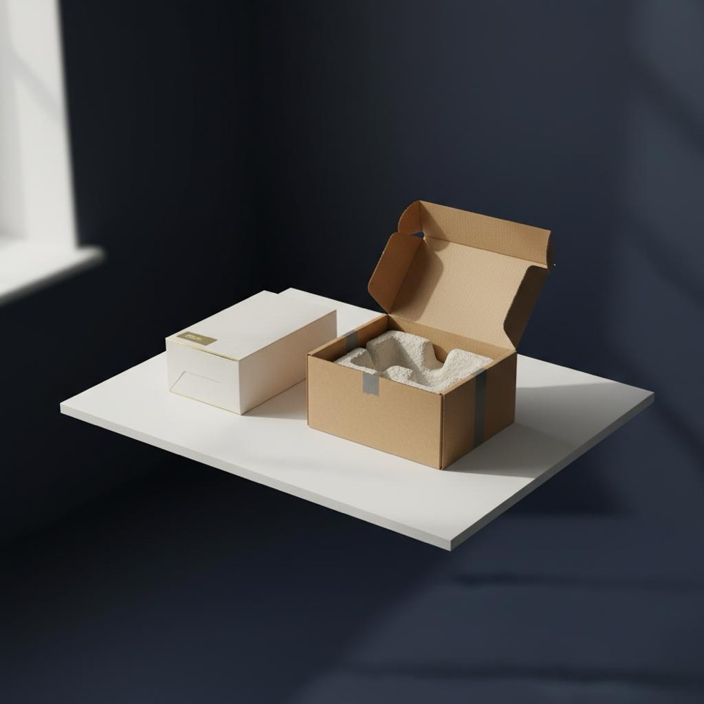 How much does Rank Math cost? Assorted packaging samples (corrugated box, folding carton, molded pulp insert) on a clean tabletop with deep navy #0B1E33 and subtle #C8A45D accents.
