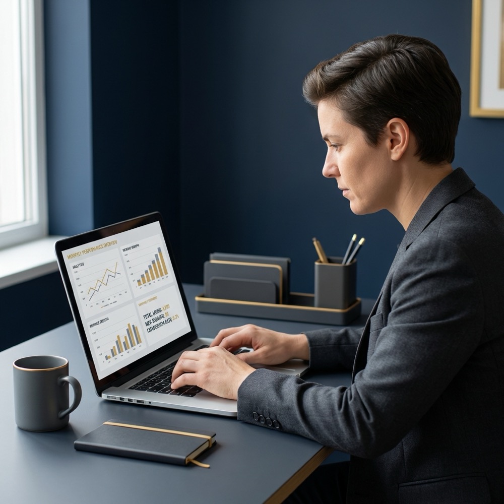 freelance seo expert working on a laptop analytics dashboard at a minimalist desk with deep navy background and warm gold accents
