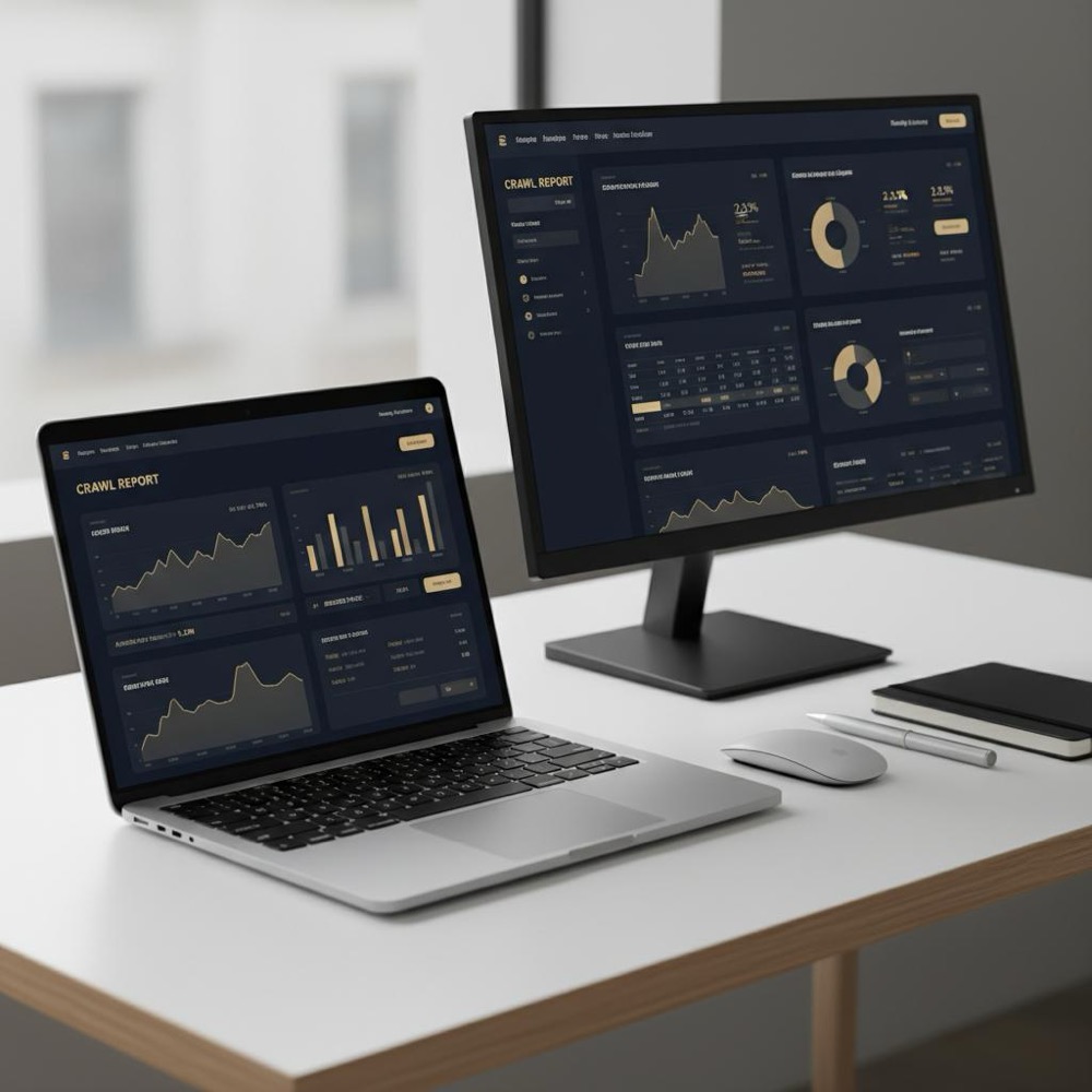 Photorealistic modern workspace with laptop showing a crawl report and analytics graphs in Orvus Ltd. colors; minimalist desk, no people - best SEO service
