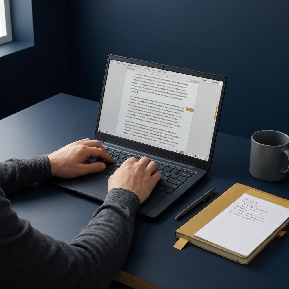 Writer editing text on a laptop with checklist and paper notes on a minimalist desk in Orvus Ltd brand colors rewrite