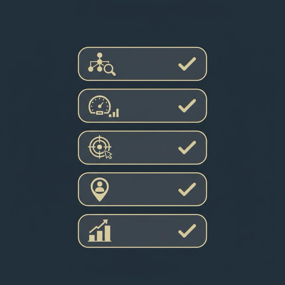 Minimal 2D vector checklist infographic in Orvus Ltd palette showing five icons for crawlability, Core Web Vitals, on-page intent, local profile and analytics with check marks - optimise my SEO