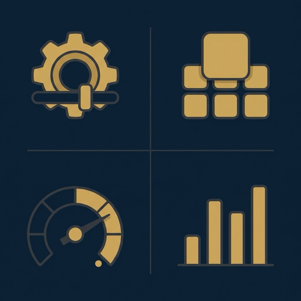 Minimalist 2D vector quadrant infographic showing icons for seo controls apps performance and measurement on a dark navy background with gold accents Orvus Ltd palette wix seo