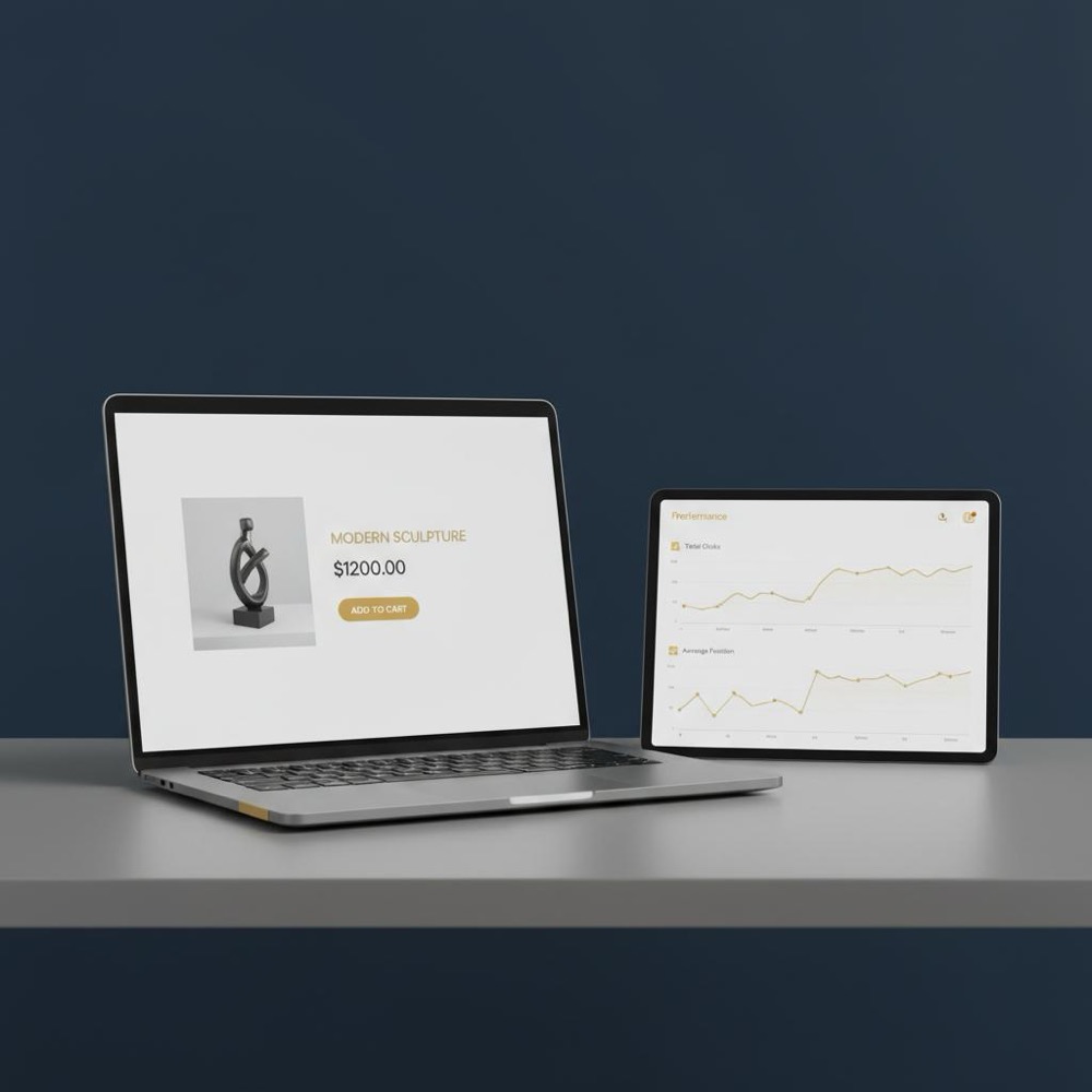 Open laptop showing a product page beside a tablet displaying Google Search Console charts on a dark blue desk with Orvus Ltd. accent color #C8A45D, ecommerce seo