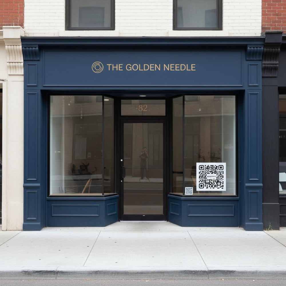 Minimalist small business storefront with clear signage and a scannable QR code for reviews on the glass door, photographed in Orvus Ltd brand colors - reputation management in SEO.