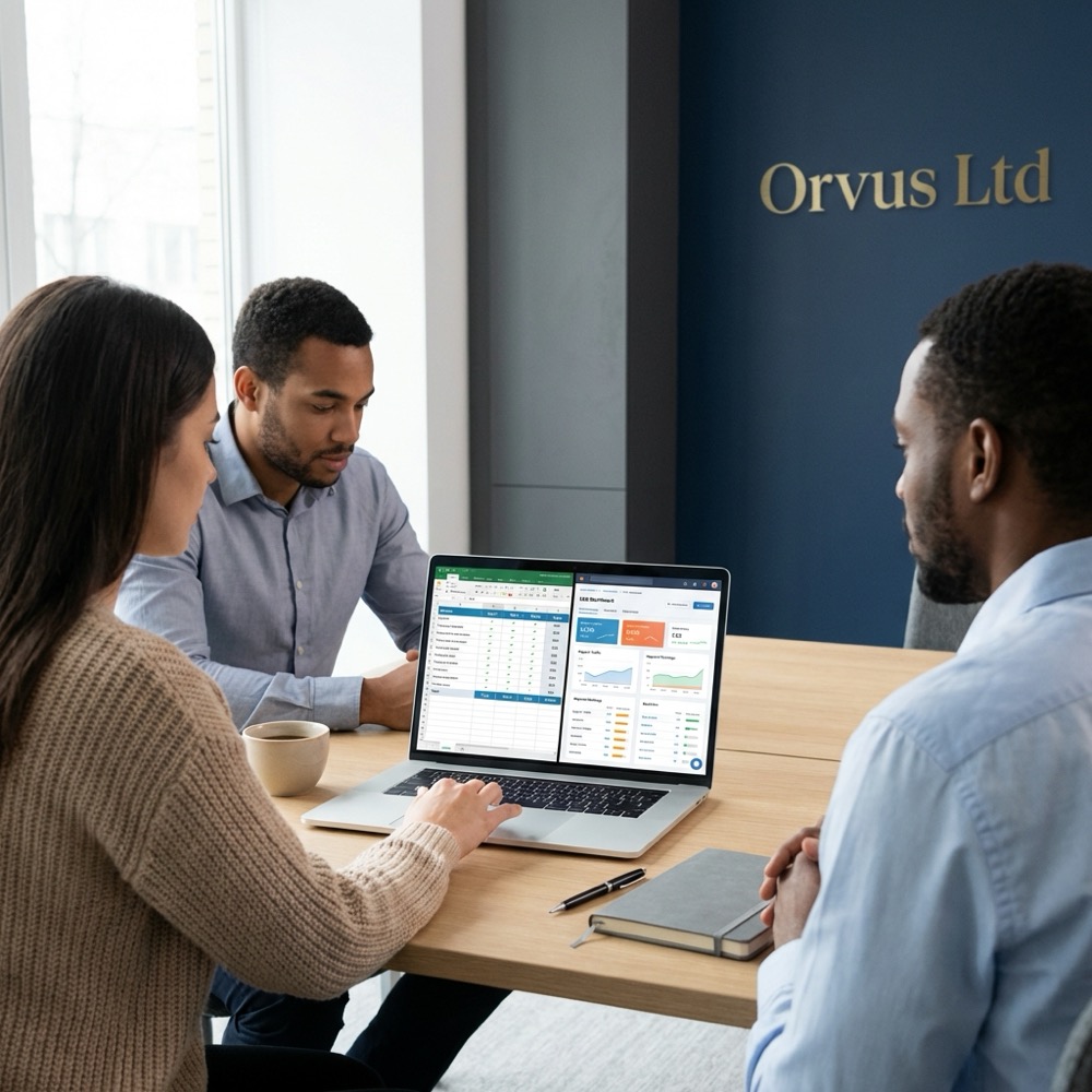 Small team reviewing a pricing spreadsheet and an SEO dashboard on a laptop in a clean Orvus Ltd office with navy background and gold accents search engine optimization pricing