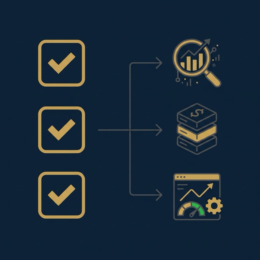 Minimal 2D vector infographic showing validation checklist and data flow from on SERP signals to paid datasets to internal measurement for keywordsurfer