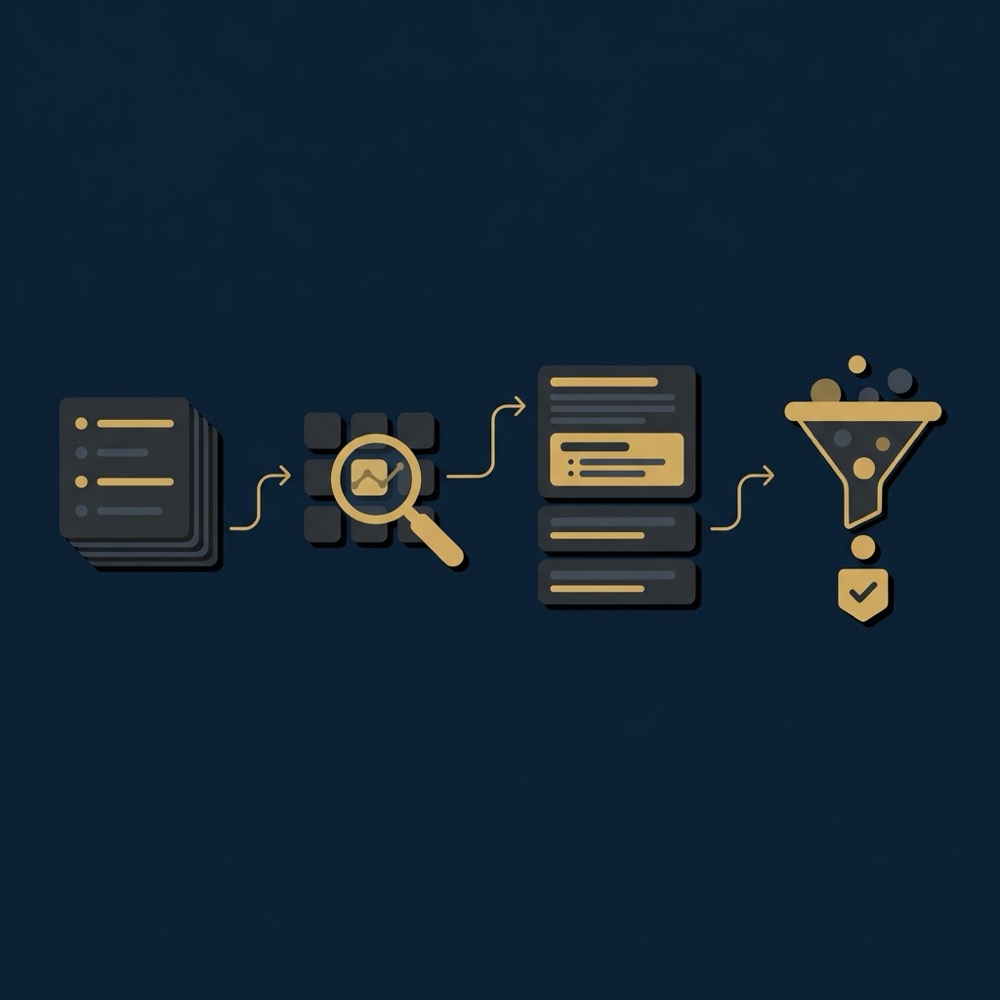 Minimal 2D vector infographic mapping discovery to validation for semrush competitor analysis with icons for candidate lists Search Console checks SERP inspection and prioritization