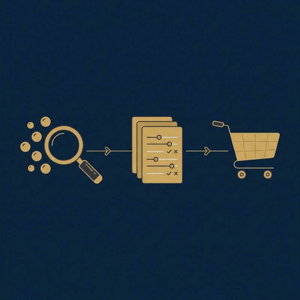 Minimal 2D vector infographic mapping search queries through awareness consideration and purchase funnel with magnifier documents and cart icons longtail seo