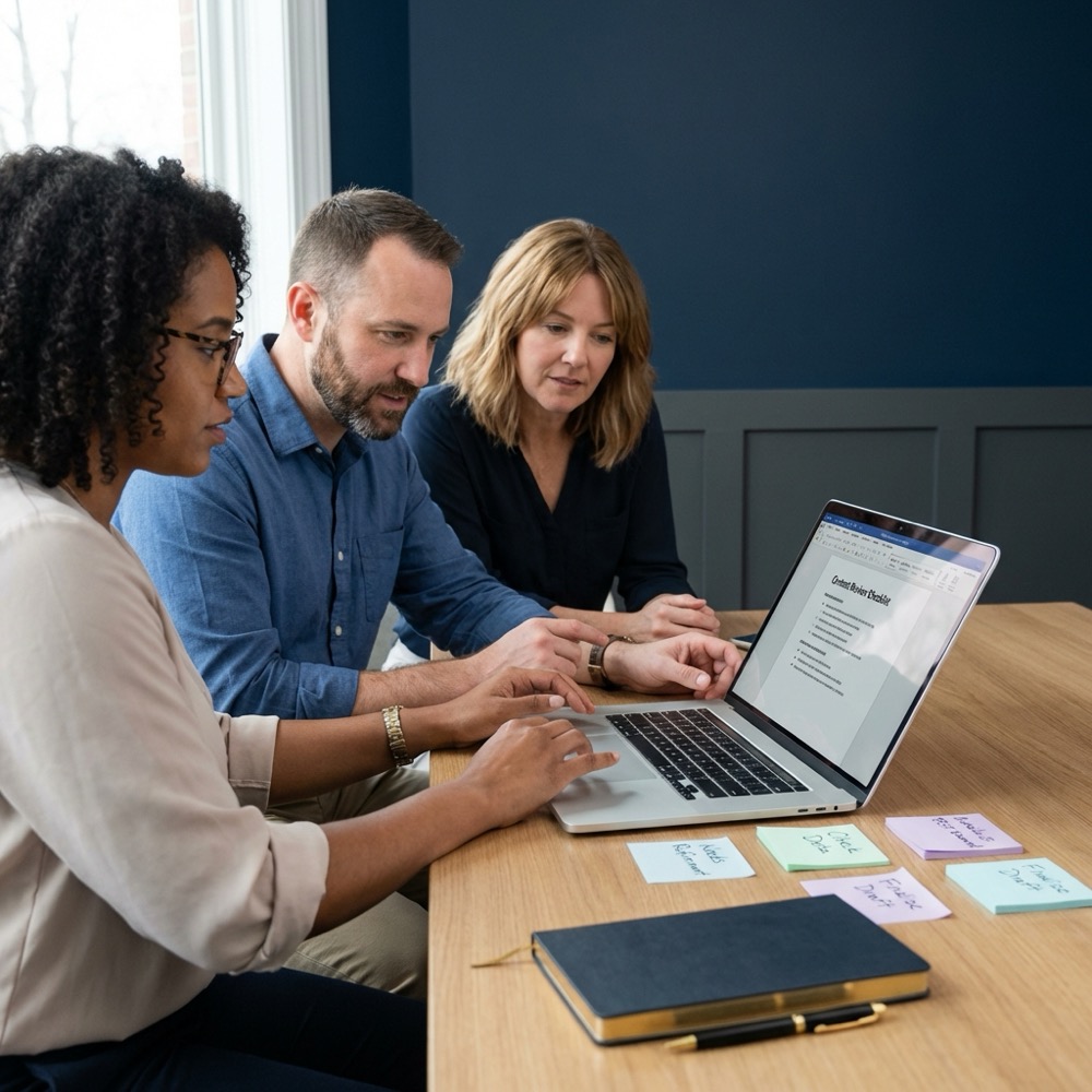 Small team reviewing content briefs on a laptop with checklist and notes on desk in minimalist office styled with brand colors for seo writing