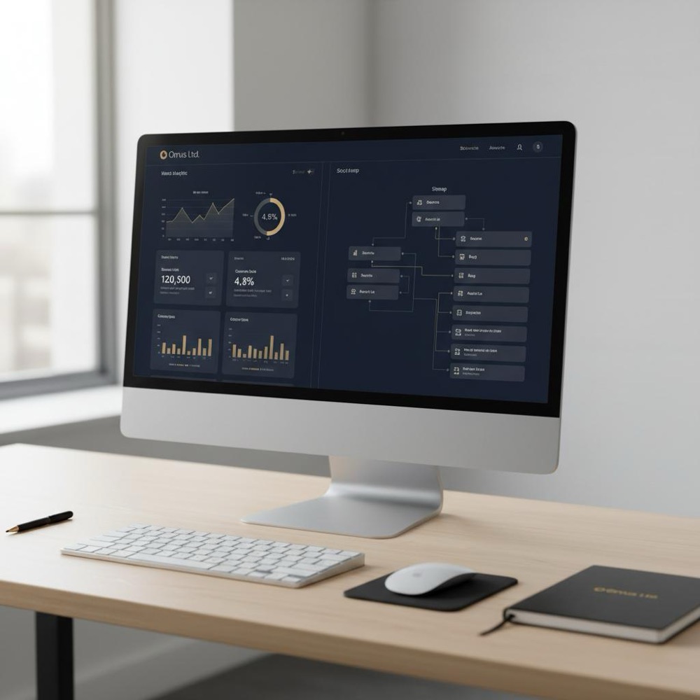 Desktop with web analytics dashboard and sitemap diagram on navy background highlighting pagerank scale metrics with subtle #C8A45D accents
