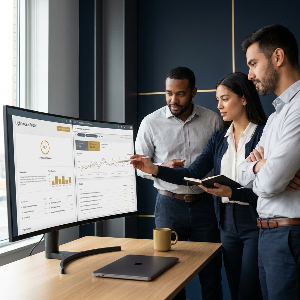 Developer team reviewing Lighthouse and Search Console reports on a widescreen monitor in a minimalist navy and gold office setting spa seo
