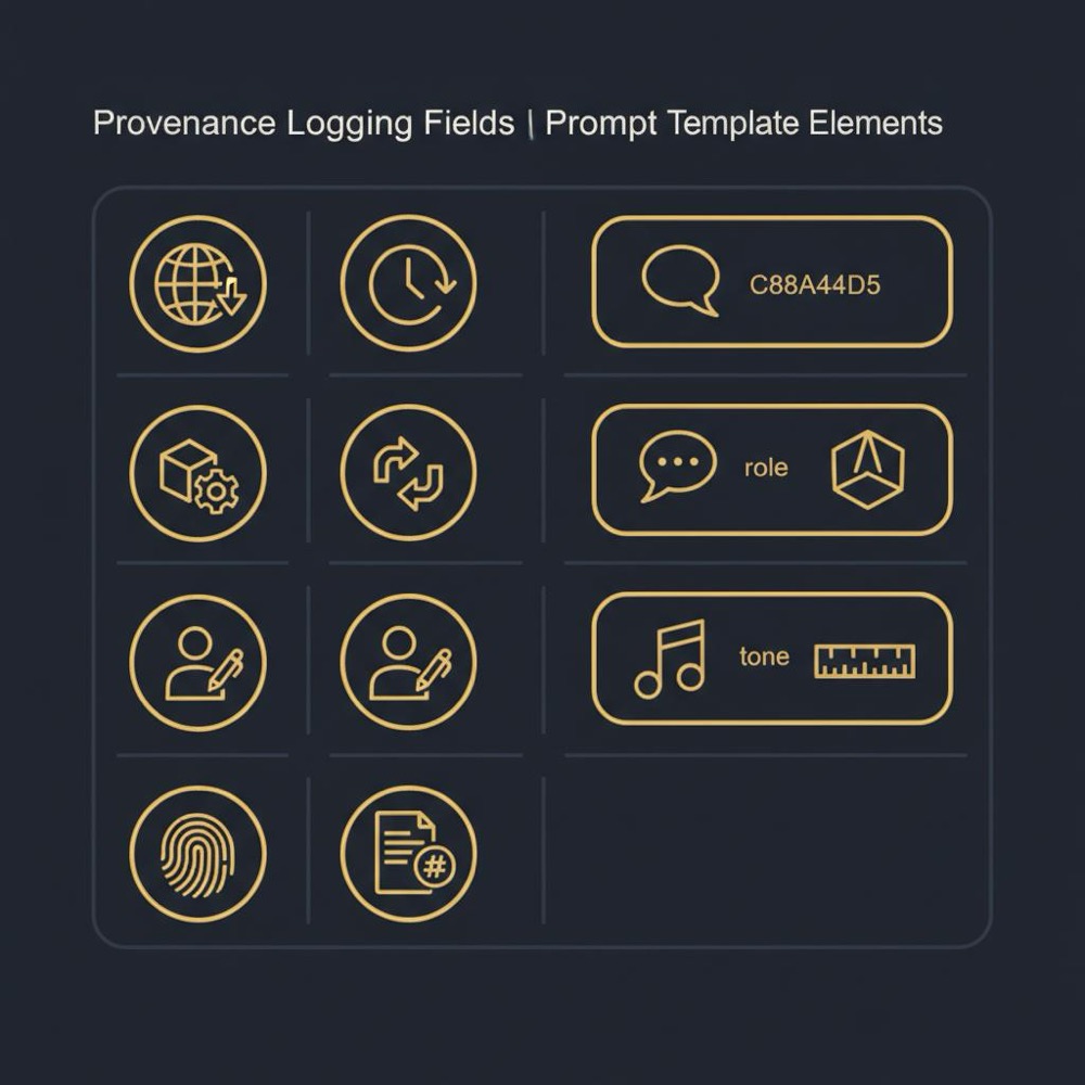 Minimal 2D vector infographic of provenance logging fields and prompt template elements in Orvus Ltd colors seo optimized content