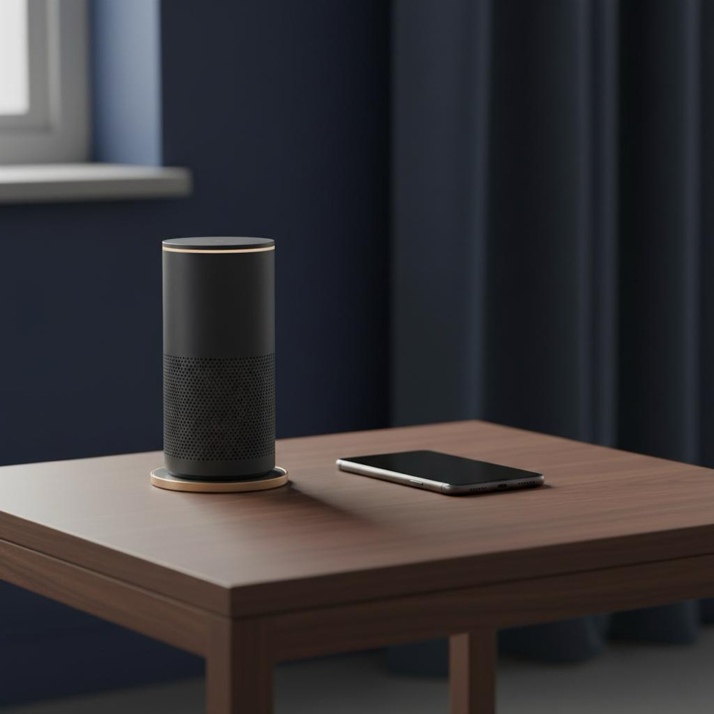 Minimalist photo of a smart speaker and smartphone on a table in a dark navy room, showcasing voice search platforms with Orvus Ltd. muted brand tones.