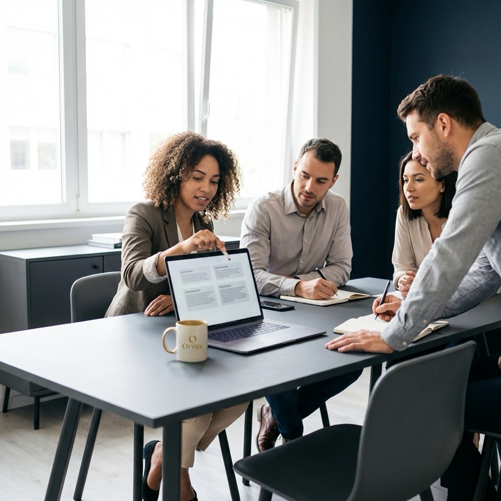 Small marketing team reviewing headline variants on a laptop in a bright minimalist meeting room focused on writing a hook and collaboration