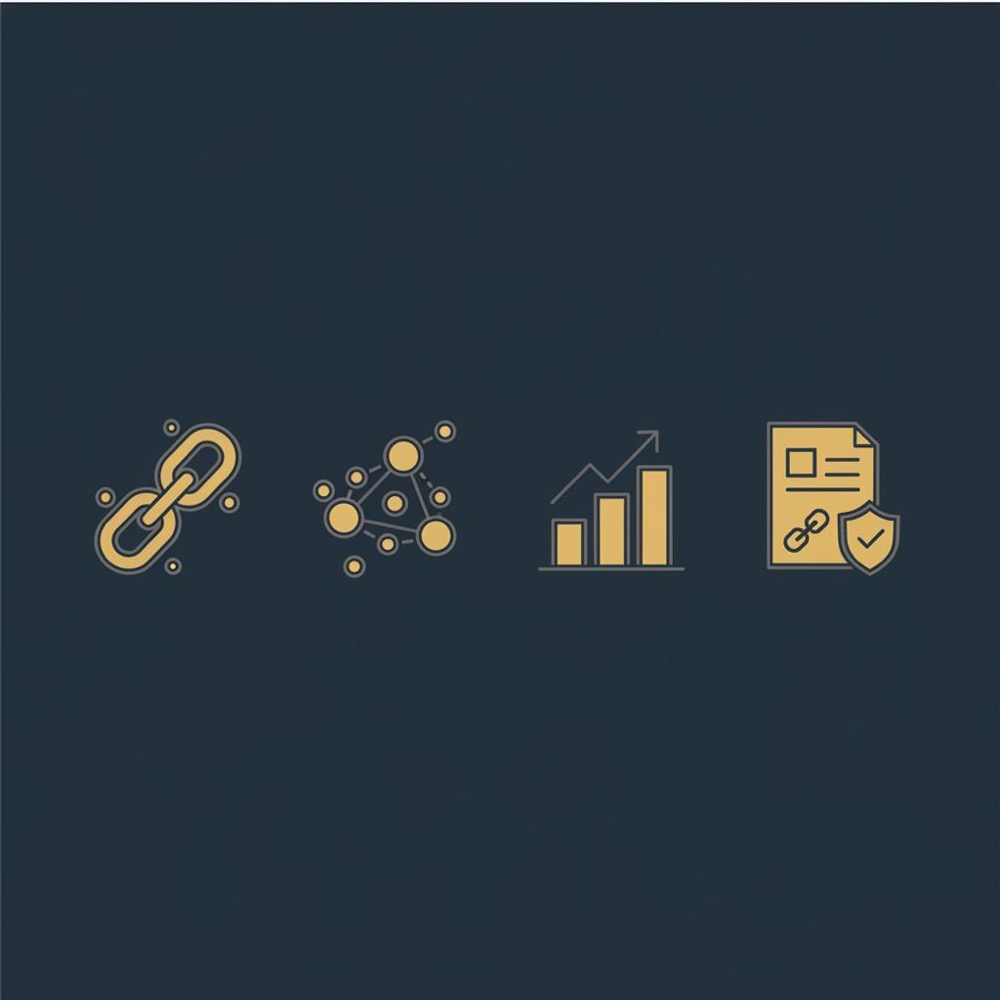 Minimal 2D vector infographic for linkbuilding showing flat icons: chain link, network nodes, upward growth arrow, document with link and shield on dark blue background