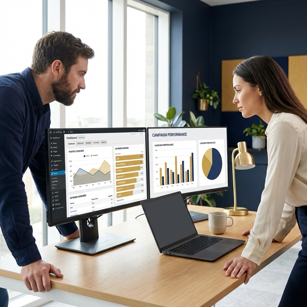 Developer and marketer reviewing WordPress dashboard analytics on dual monitors in a minimalist office for wordpress seo services