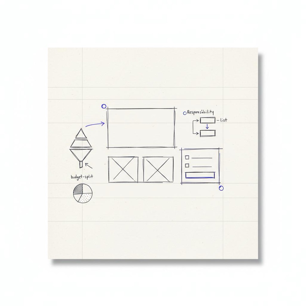 Notebook sketch of a painter landing-page wireframe with headline box, before/after photo placeholders and small contact form - how to run ads for a painting business