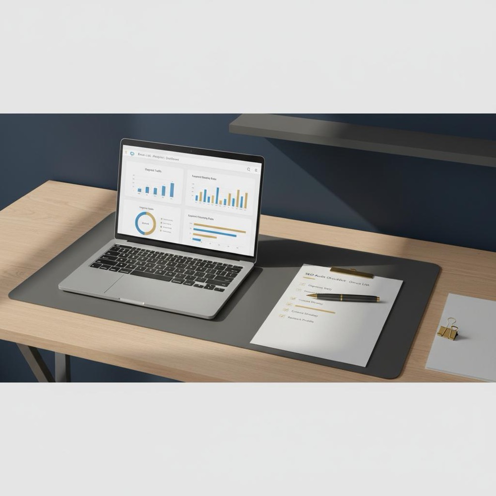 Minimalist desk with laptop showing analytics charts and a printed SEO audit checklist highlighting SEO cost, subtle #C8A45D accents, navy #0B1E33 background.