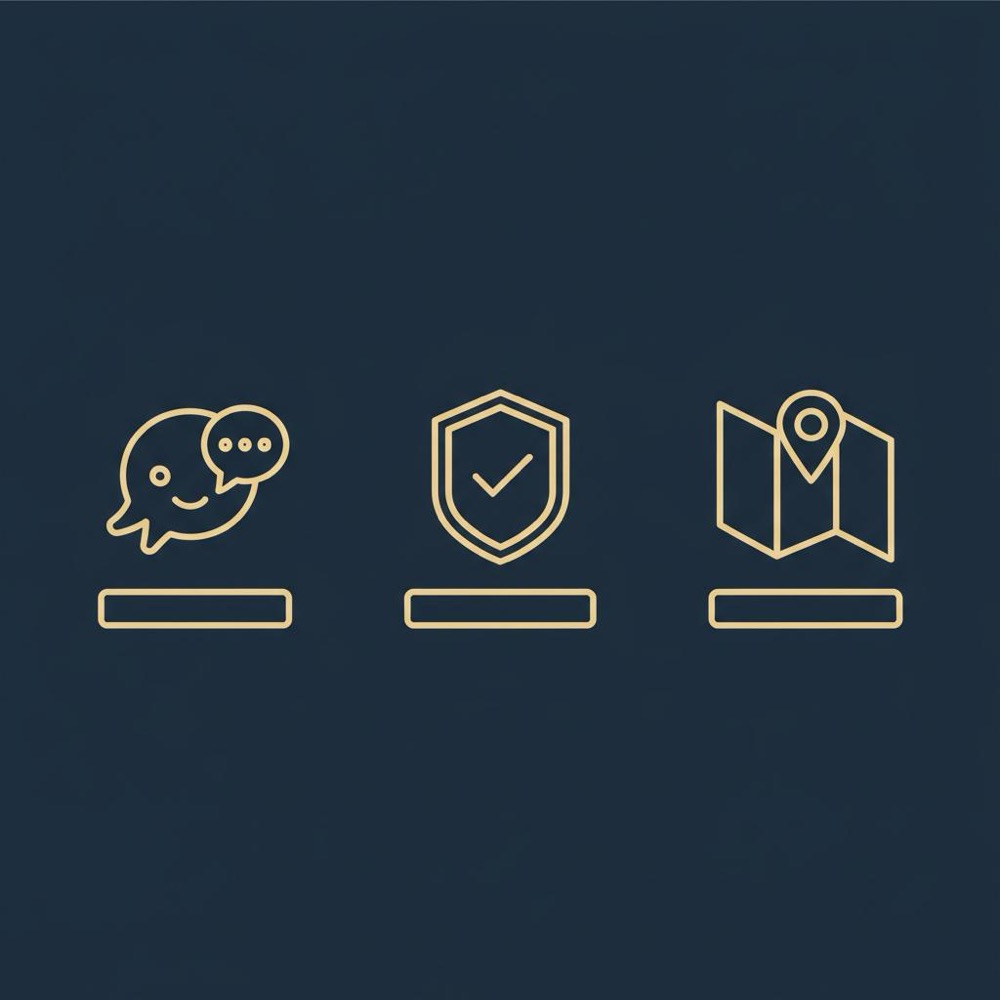 Minimal 2D vector infographic with three icons (AI assistant, privacy shield, local map) in Orvus Ltd palette on dark background - most used search engines 2025