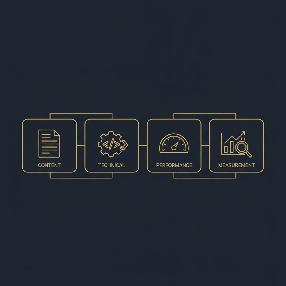 Minimal 2D vector infographic for WordPress SEO showing four layered tiles with icons for content, technical, performance, and measurement on dark navy background.