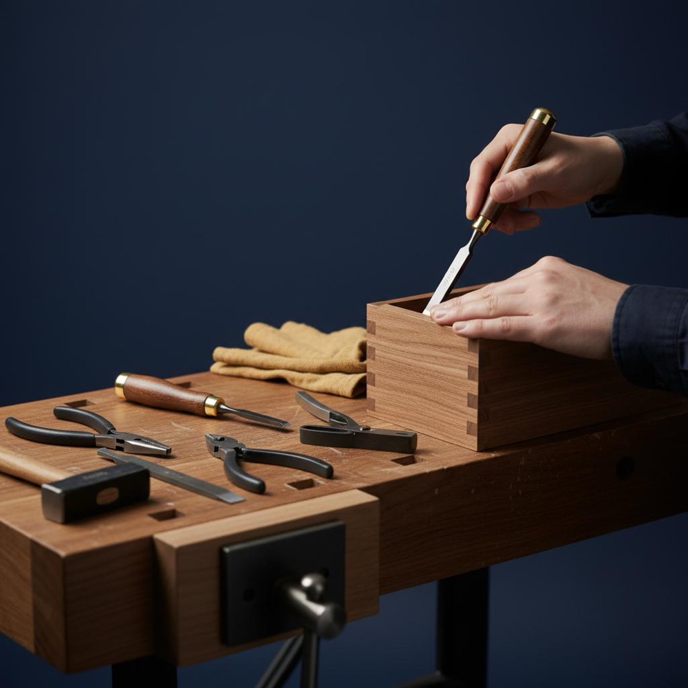 Full-frame photo of a tidy workshop bench with tools and hands crafting a wooden prototype, warm light, Orvus Ltd. color accents - richest website in the world