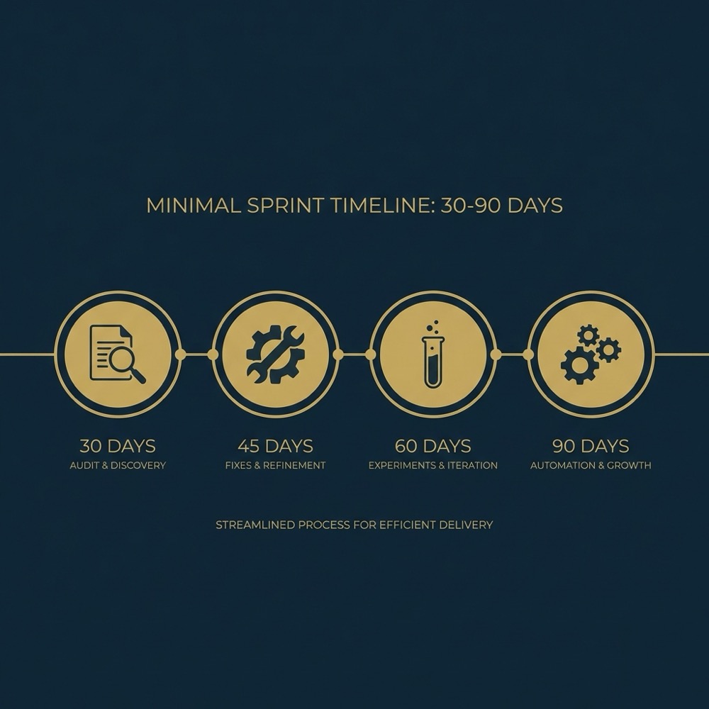 Minimal 2D vector infographic horizontal 30 to 90 day sprint timeline with icons for audit fixes experiments and automation to improve search ranking on a dark navy background