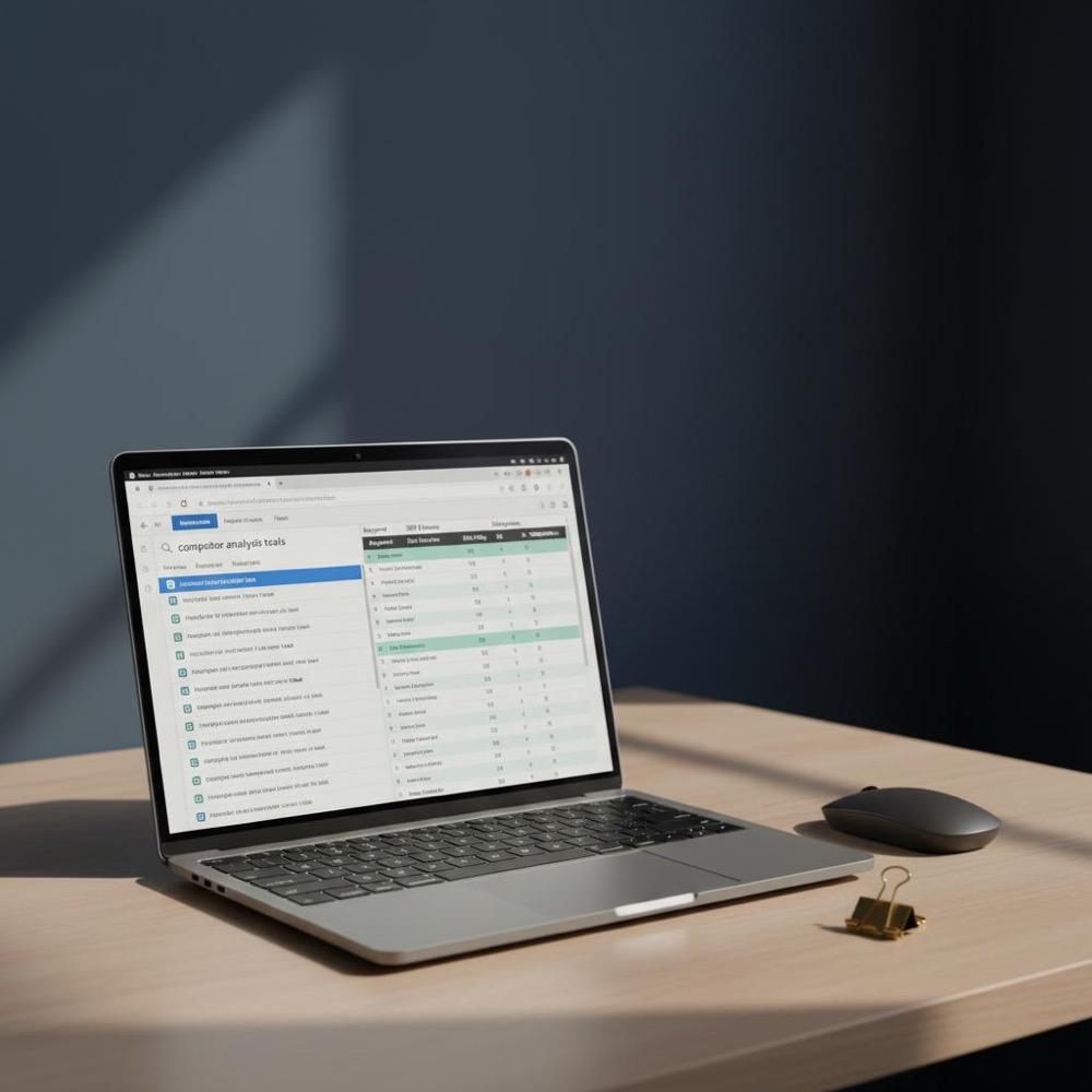 competitor keyword research on a desktop: laptop showing search results beside a spreadsheet on a minimalist navy desk with gold accents, no faces, shallow depth of field