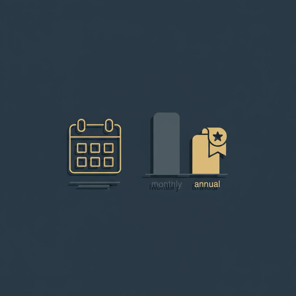 Minimal 2D vector infographic comparing monthly vs annual costs with calendar icon and discount ribbon for semrush monthly subscription