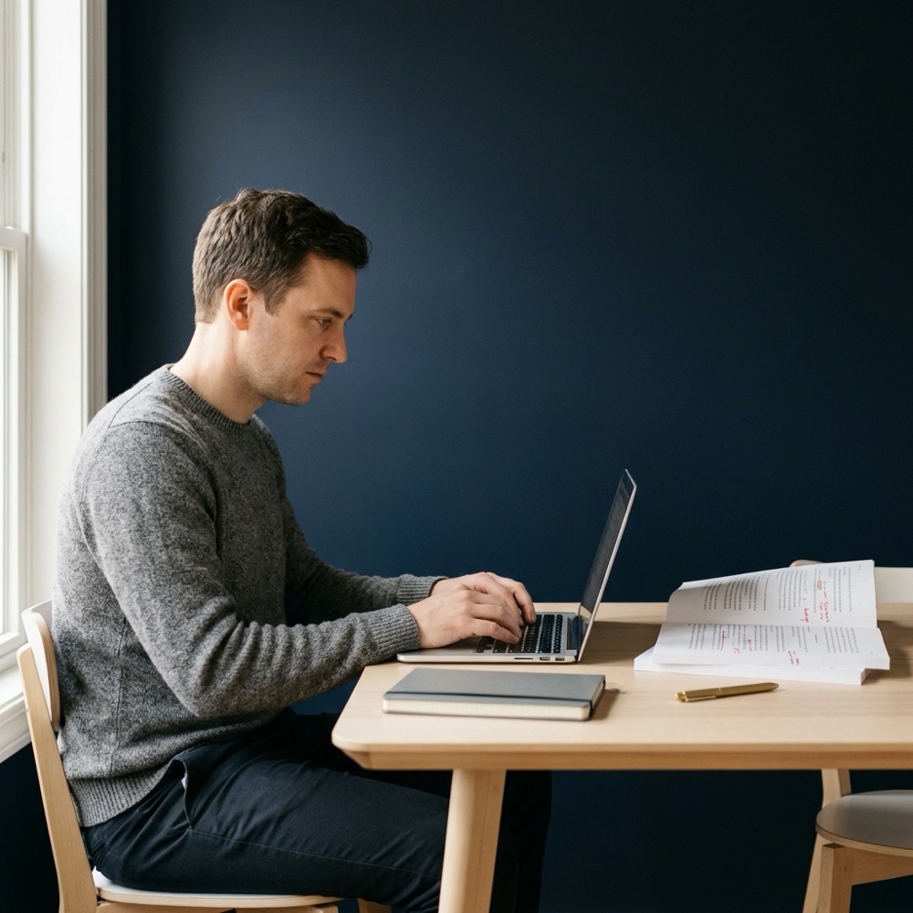 Author at a minimalist desk with laptop notes and printed edit logs on a dark navy studio background in Orvus Ltd brand style showing best ai for writing