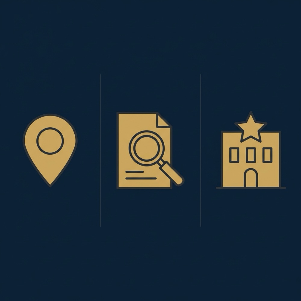 Minimal 2D vector infographic with three icons representing proximity relevance and prominence in Orvus Ltd colors seo google my business