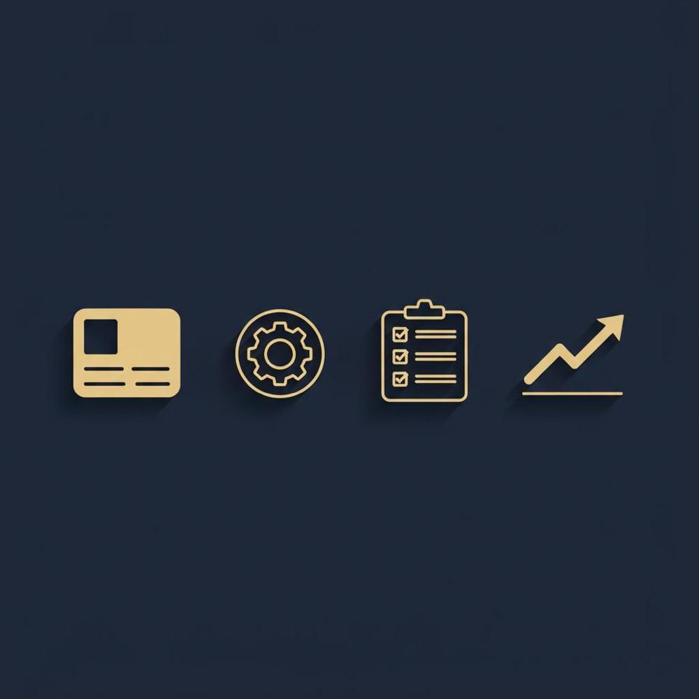 Minimal 2D vector infographic showing a product card, gear, checklist and rising graph on deep navy #0B1E33 using Orvus Ltd brand colors, illustrating ecommerce seo.