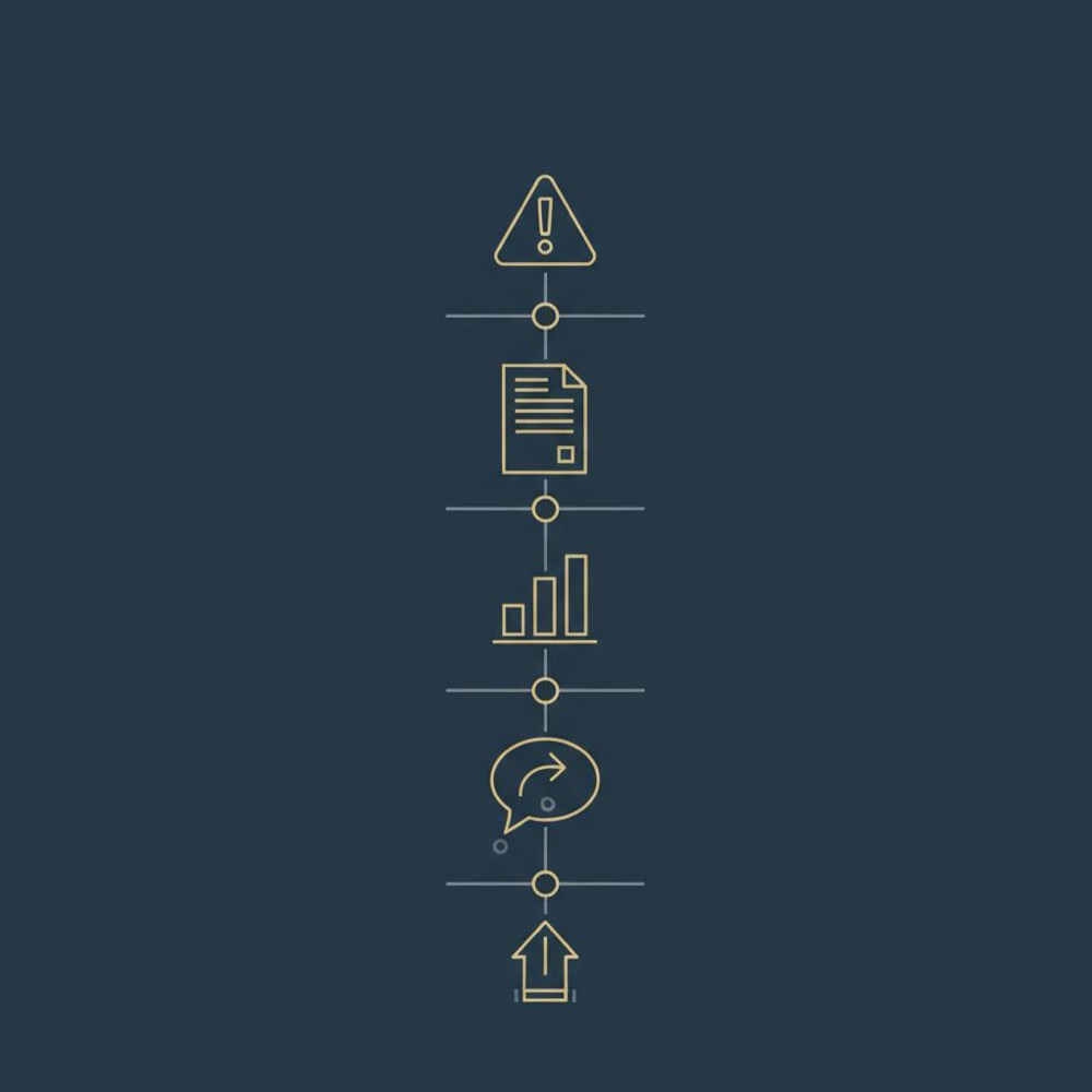Minimal vertical vector infographic with five icons (alert, document, report, respond, escalate) connected by a vertical line on dark blue background to illustrate steps to prevent Google reviews