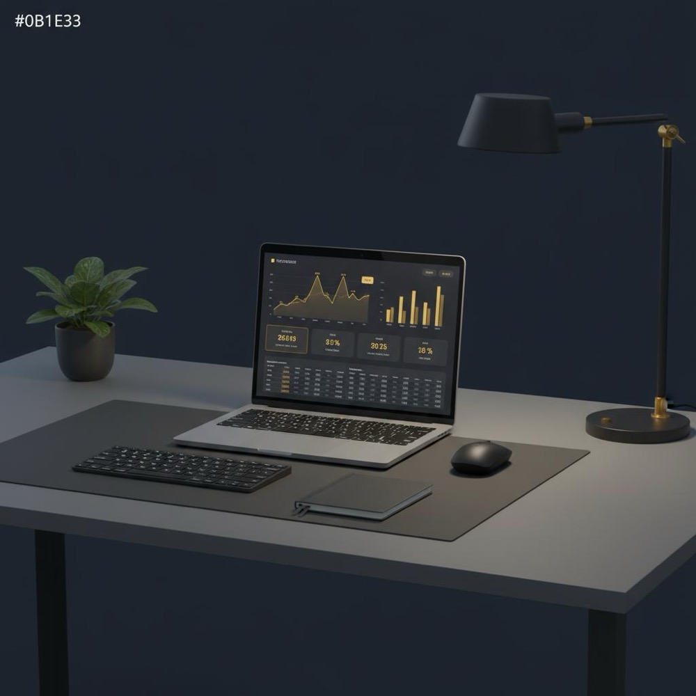 Minimalist modern workspace with a laptop showing an analytics dashboard and charts, subtle Orvus color accents; is shopify still worth it in 2025