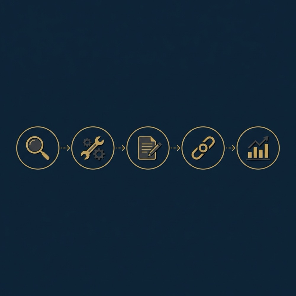 Minimal 2D vector infographic seo organic audit checklist flow with icons for crawl technical fixes content review backlinks and analytics on dark blue background