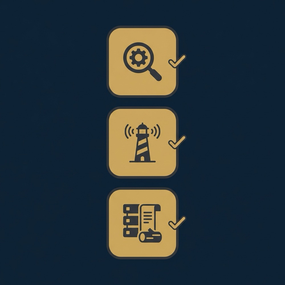 Minimal 2D vector infographic spa seo checklist with three icons for Search Console Lighthouse and server logs on dark Orvus Ltd background