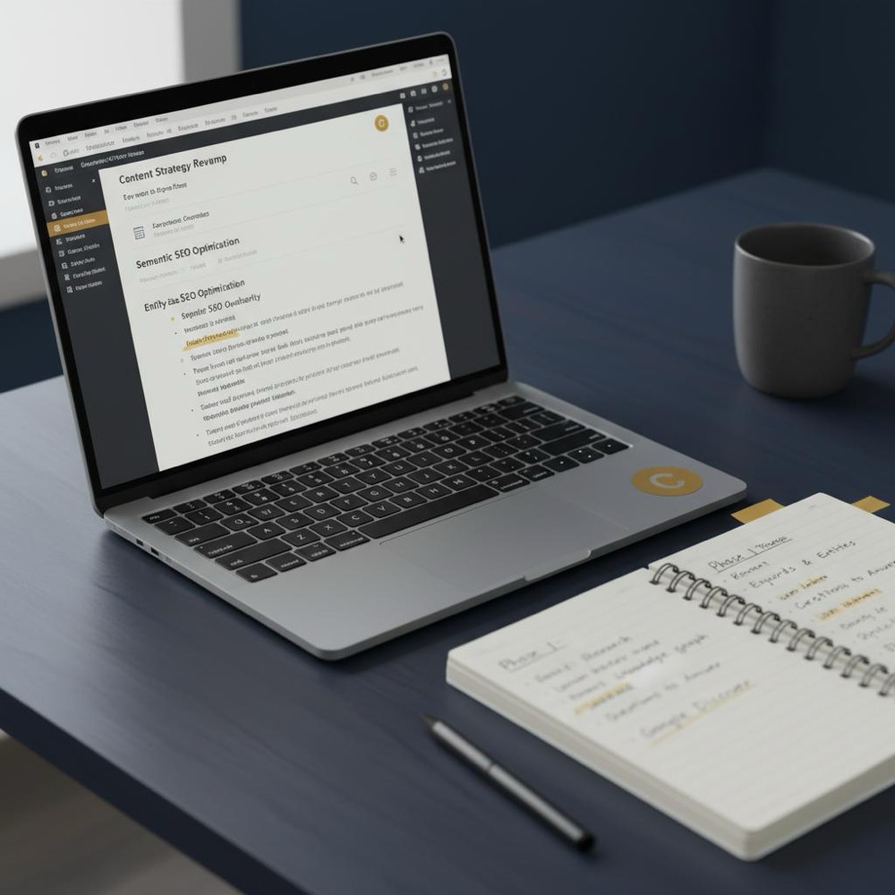 Modern minimalist workspace with laptop editing a document and a notebook showing headings, questions and highlighted entity names for content planning and semantic keywords