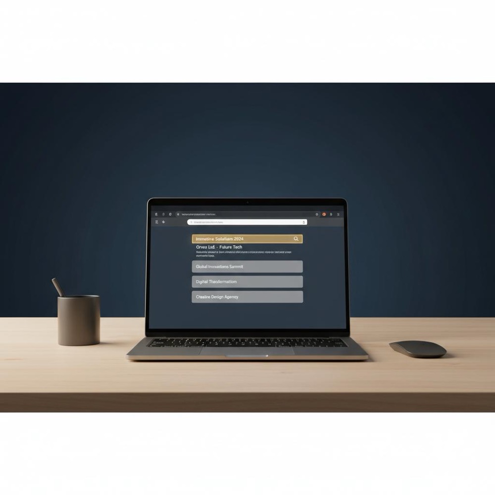 Minimalist laptop on wooden desk showing generic browser search results with Orvus Ltd colors; can people see who searched them on Google