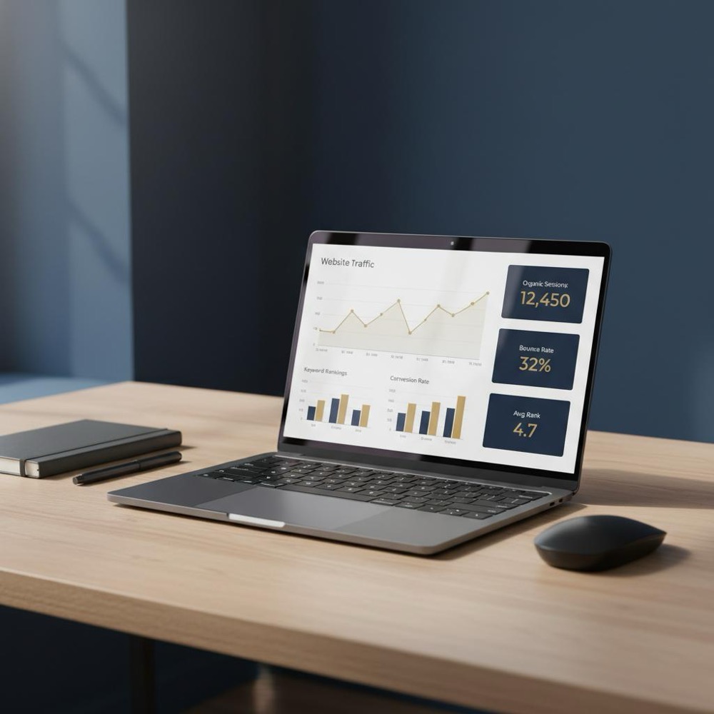Minimalist photoreal workspace with laptop showing analytics dashboards and charts in Orvus Ltd. colors for website ranking score benchmark