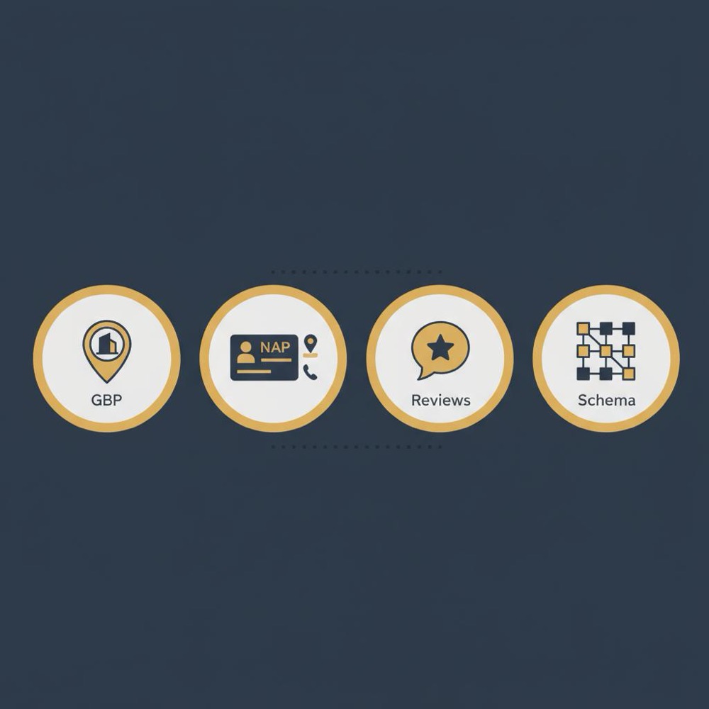 Minimal 2D vector infographic with four icons for a local SEO checklist: GBP, NAP, reviews, and schema on a dark blue full-bleed background.