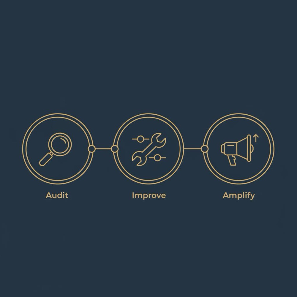 Minimal 2D vector three-step infographic (Audit → Improve → Amplify) in Orvus Ltd. brand colors for on-page seo, with magnifying glass, wrench, and megaphone icons
