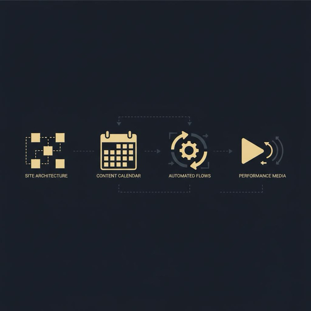 Minimal 2D vector SEO infographic with four icons for site architecture, content calendar, automated flows, and performance media in Orvus Ltd. brand colors.