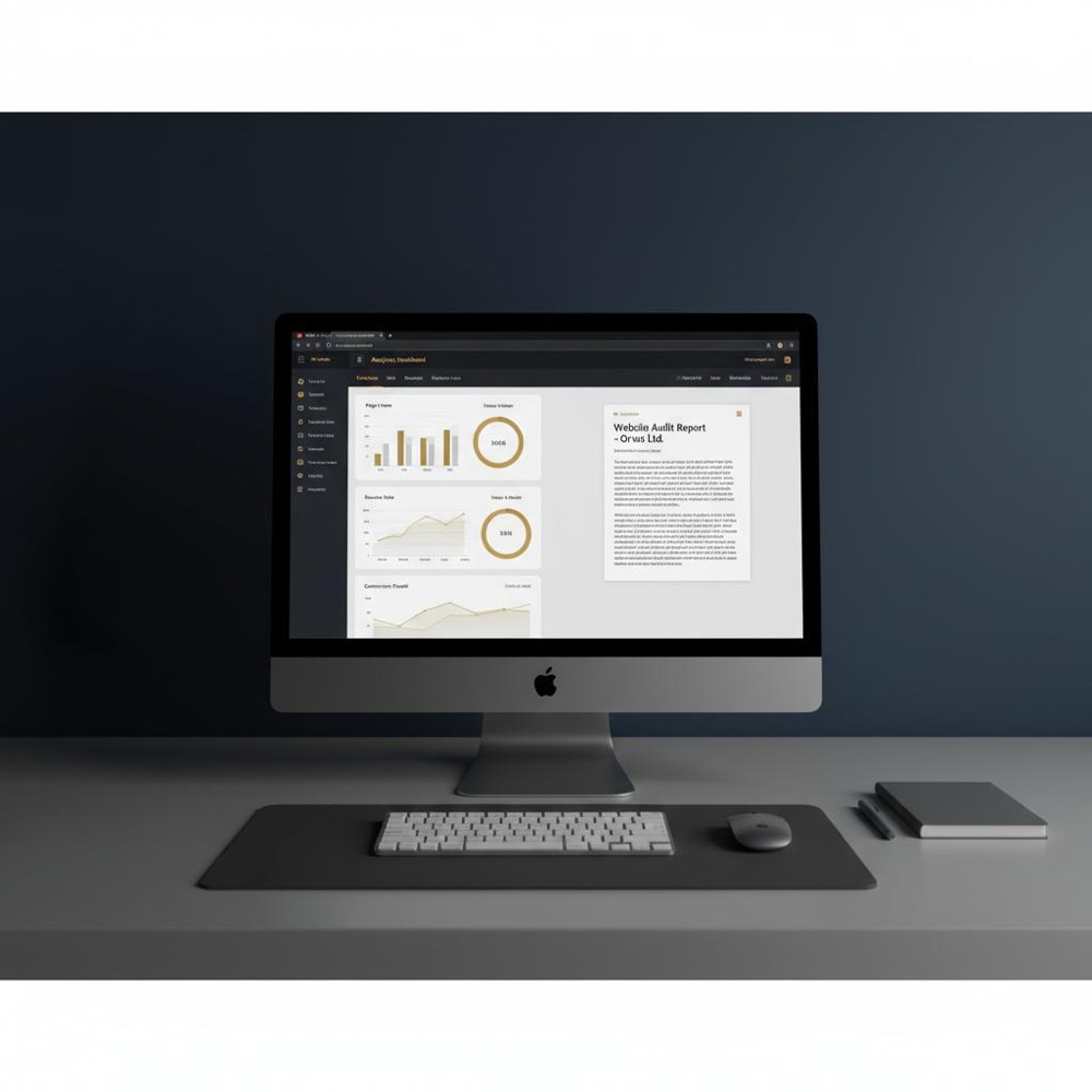 Minimalist workspace with monitor showing a website analytics dashboard and open audit report in Orvus Ltd. muted brand tones #0B1E33 and #C8A45D - ahrefs for free