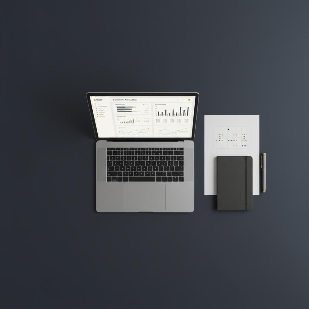 Top-down editorial desk with laptop showing a backlink analytics dashboard, printed dataset, pen and notebook in Orvus Ltd. brand colors; minimalist composition for off-site SEO